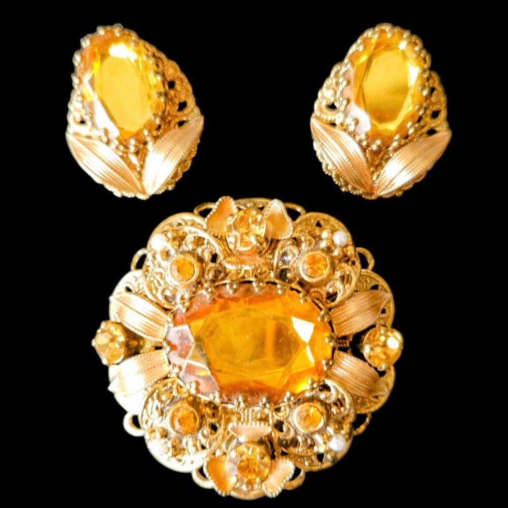 Vintage West Germany Rhinestone Brooch & Earring Set